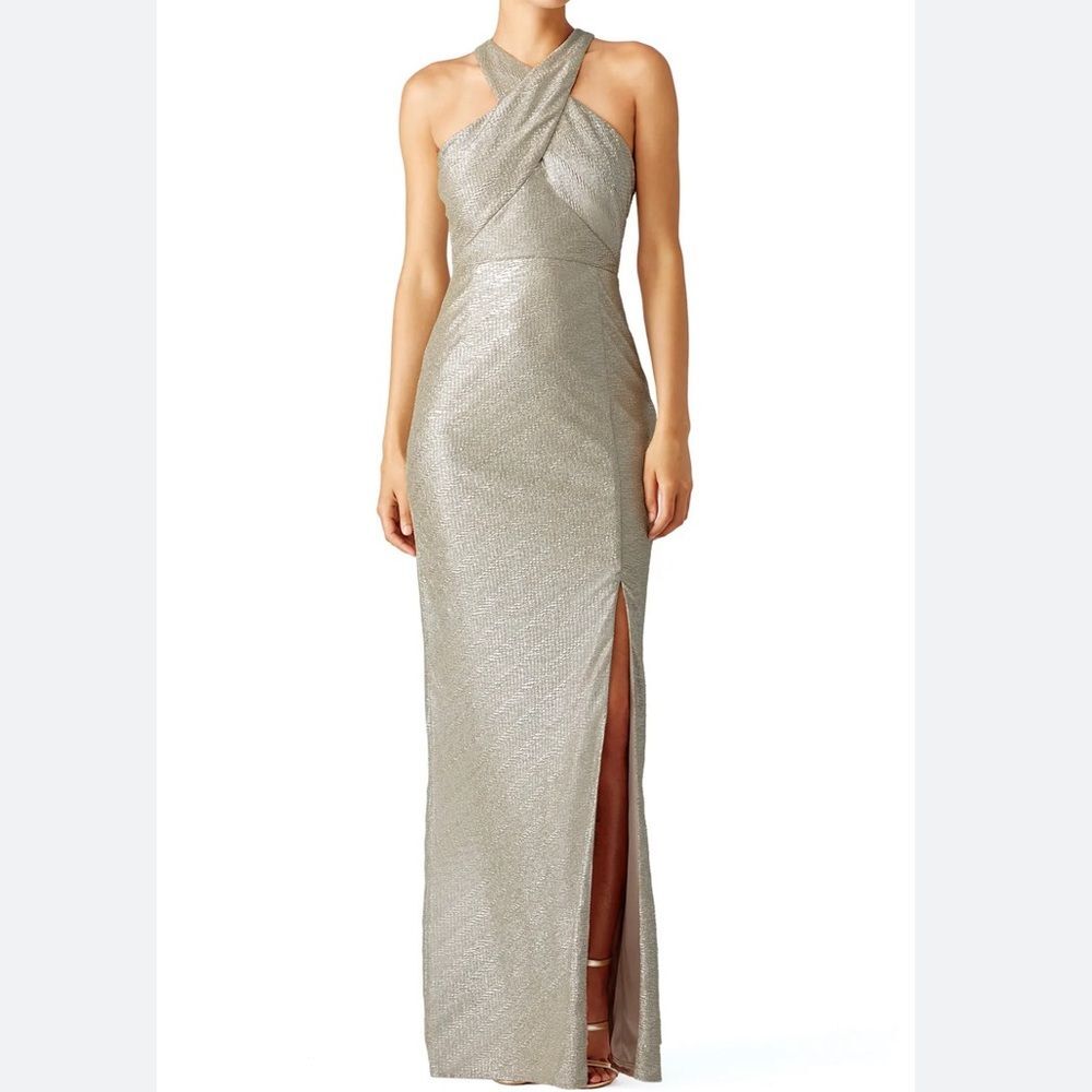 New Laundry by Shelli Segal 
Metallic Cross Knit Gown Gold Silver